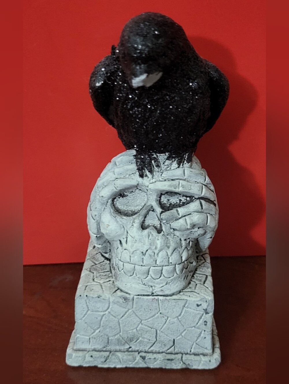 Halloween Black Glitter Crow Raven Perched on Skull Statue Tabletop Decor 5"